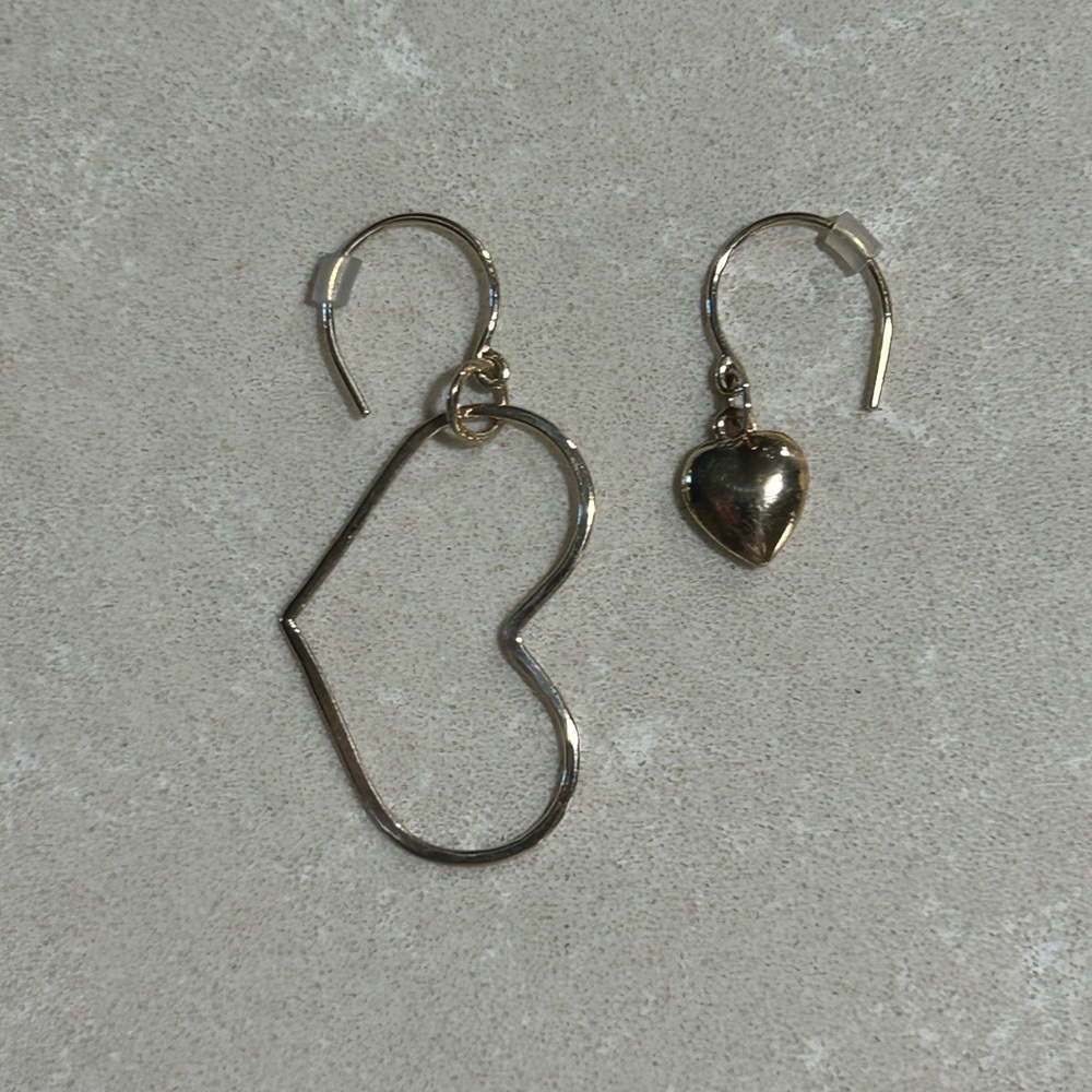 14k yellow gold mismatched heart earrings - handmade